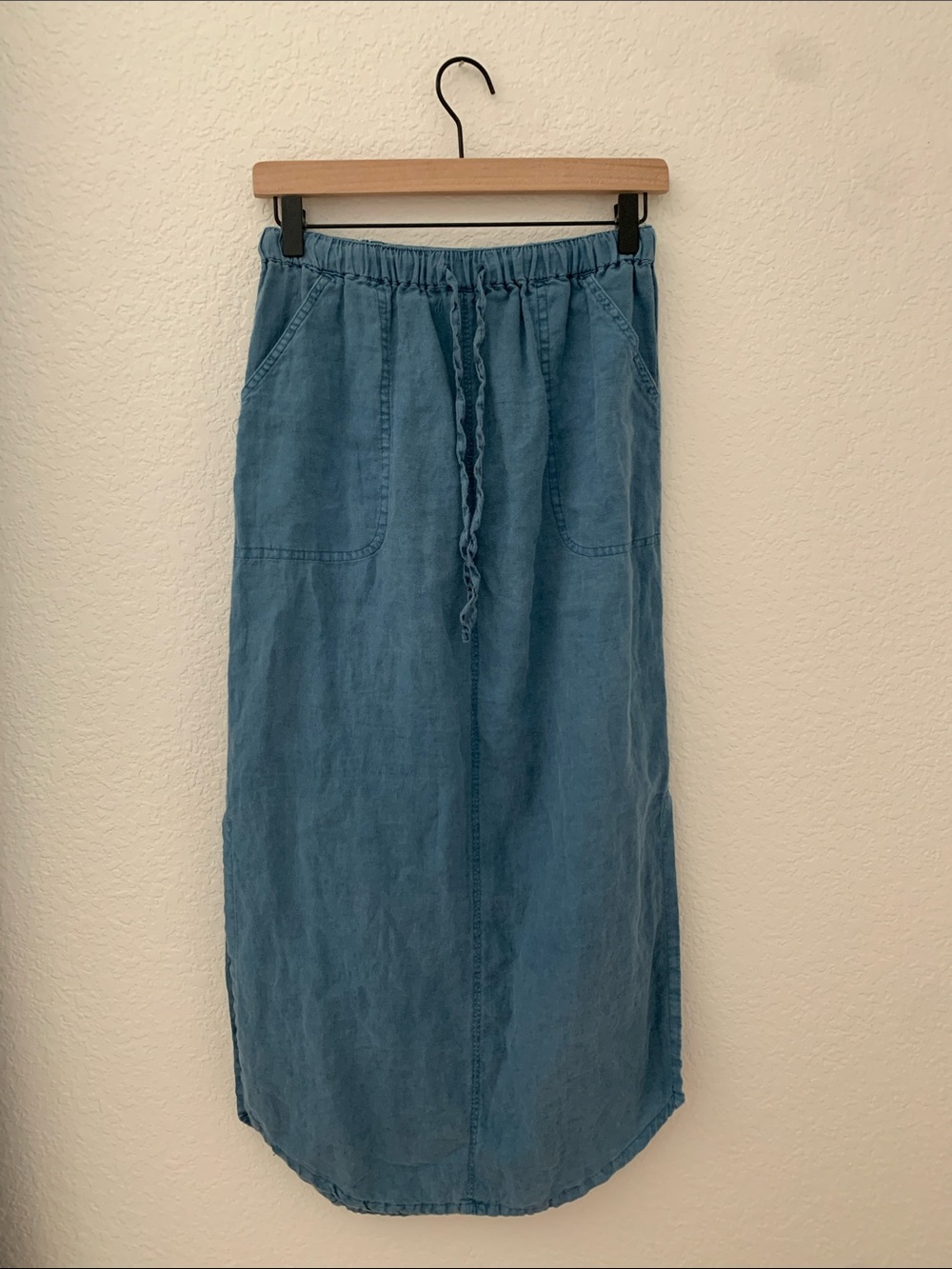 100% Linen Casual Blue Drawstring Denim Maxi Skirt